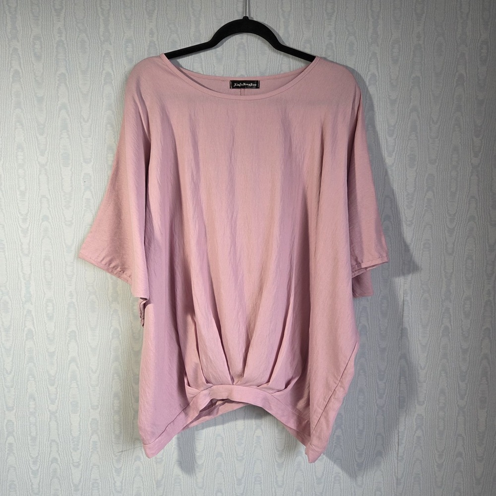 Women's XL Top Flowy Pleated Blouson Dolman Crinkle Satin Pastel Pink Boho‎
